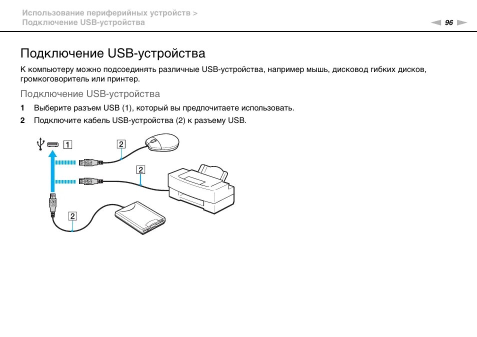 Подключения многофункционального устройства Подключение usb-устройства Инструкция по эксплуатации Sony VPCL21M1R Страница 96