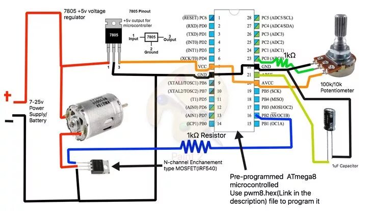 Подключения моторчика через How to build a simple PWM DC Motor Speed Controller using ATmega8 microcontrolle