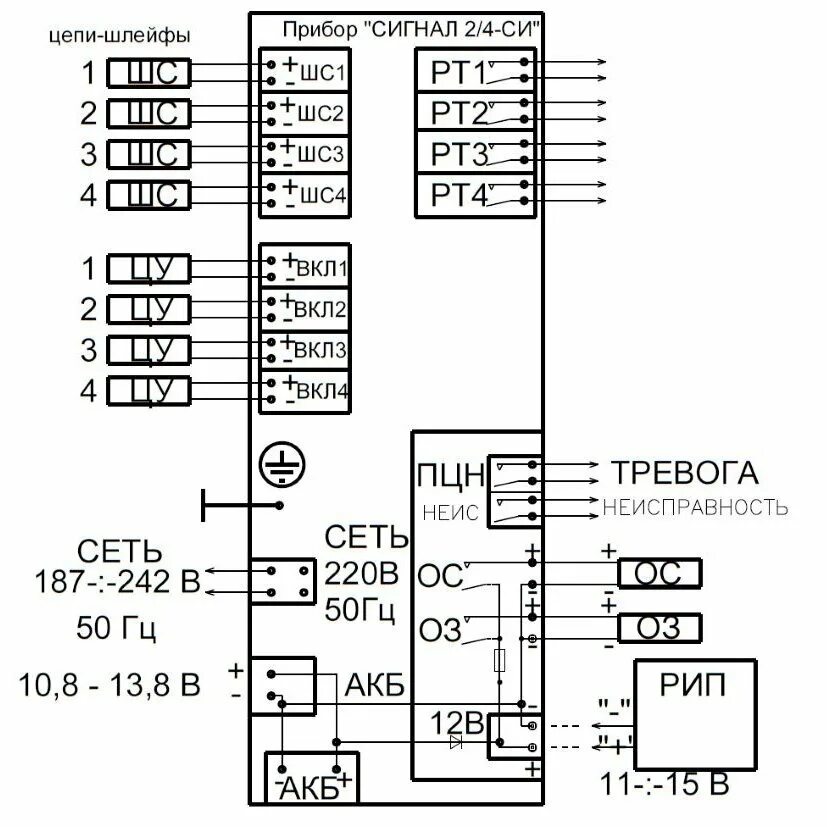 Подключения прибора сигнал 10 Специнформатика-СИ: Сигнал-2/4 СИ исп.4 (4 ШС, КЦЦ) приемо-контрольный прибор на