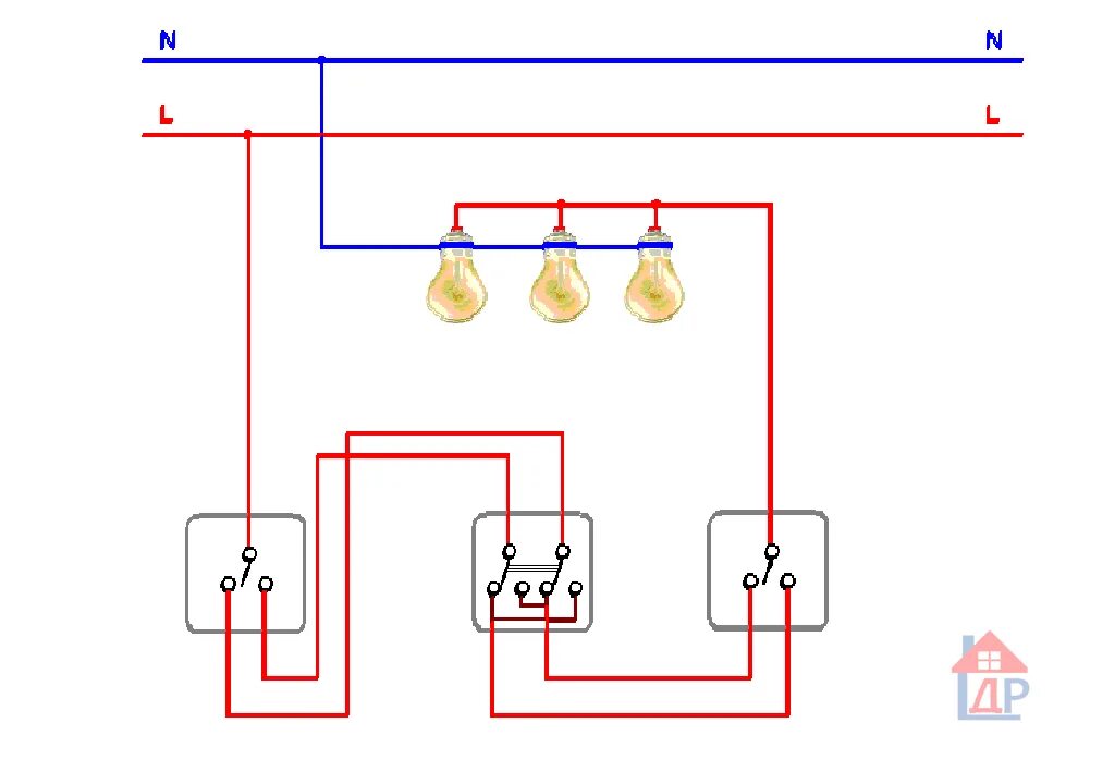 Схема проходного выключателя Home electrical wiring, Diy electrical, Electrical 