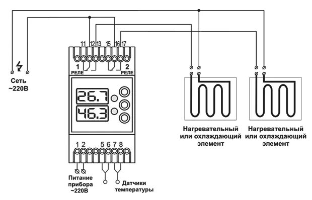 Подключения реле температуры Терморегулятор ТК-6 двухканальный