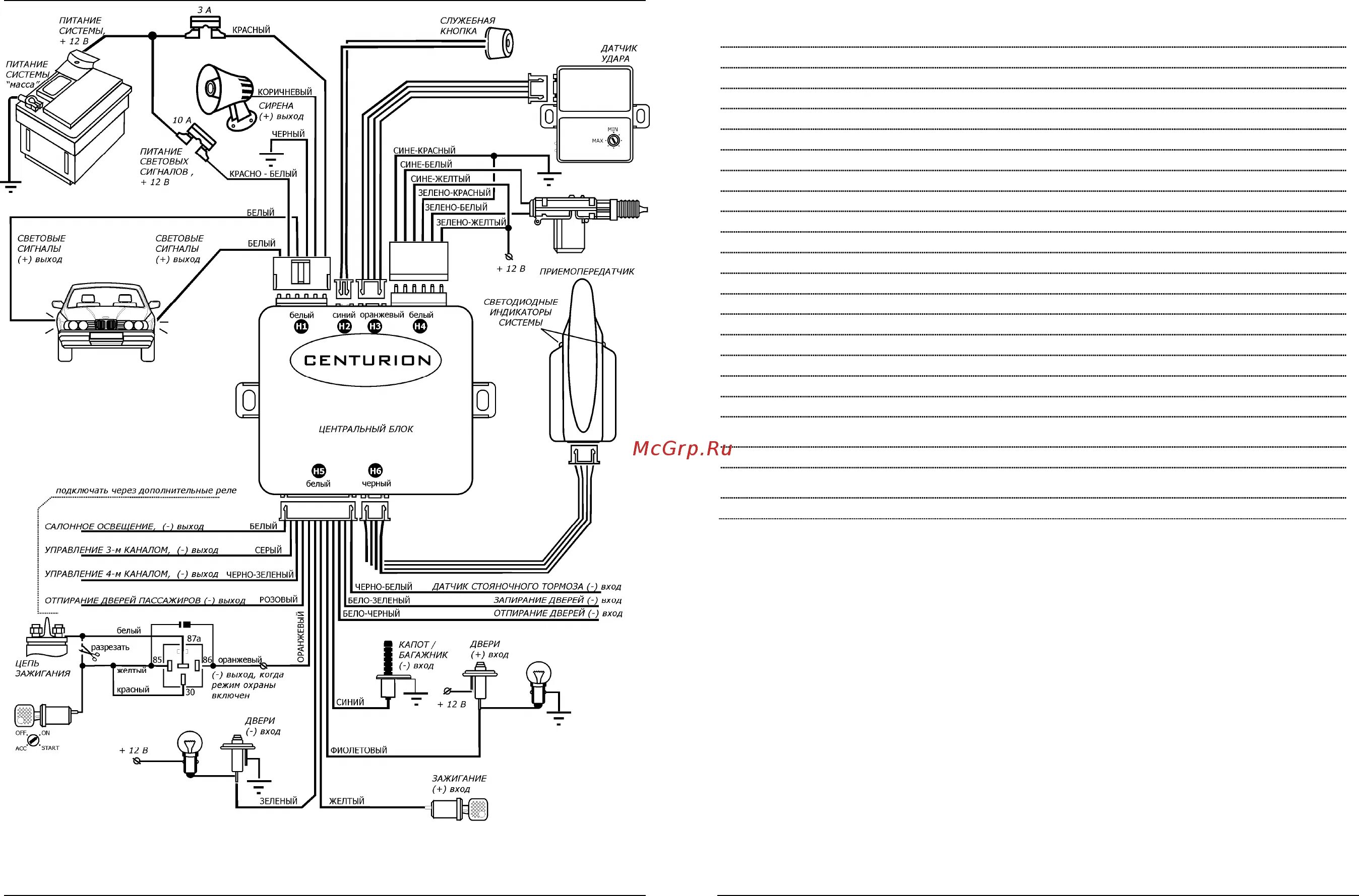 Подключения сигнализации центурион Centurion XP v.3 Руководство пользователя онлайн