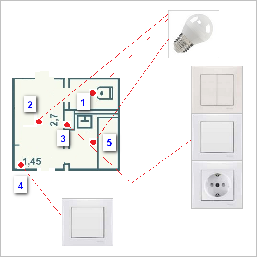 Подключения света в туалете Схема подключения тройного выключателя ванна туалет кухня