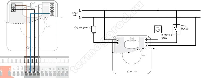 Подключения термостата к насосу Salus HTR230 Проводной термостат суточный, 230V