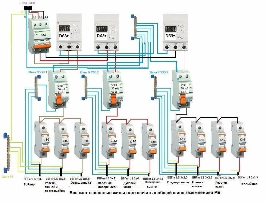 Подключения узо в щитке 380 схема Как подключить селективное УЗО: устройство, где и зачем применяют + схема монтаж