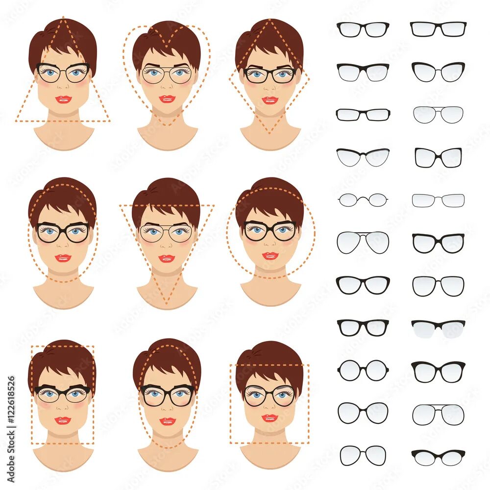 Подобрать очки онлайн по фото Woman eyeglasses shapes for different women face types - square, triangle, circl