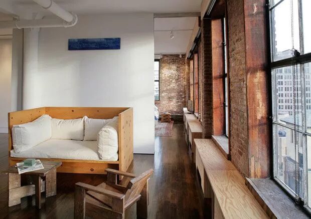 Подоконник в стиле лофт plywood window benches and couches, exposed brick, and huge windows. Loft style,