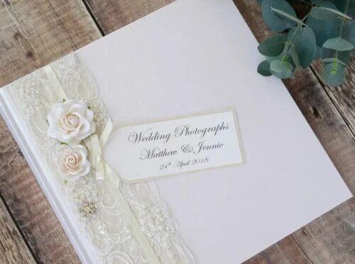 Подпись под фото с годовщиной свадьбы Personalised Wedding Photograph Album - Vintage Style Lace, Rose & Jewel Design.