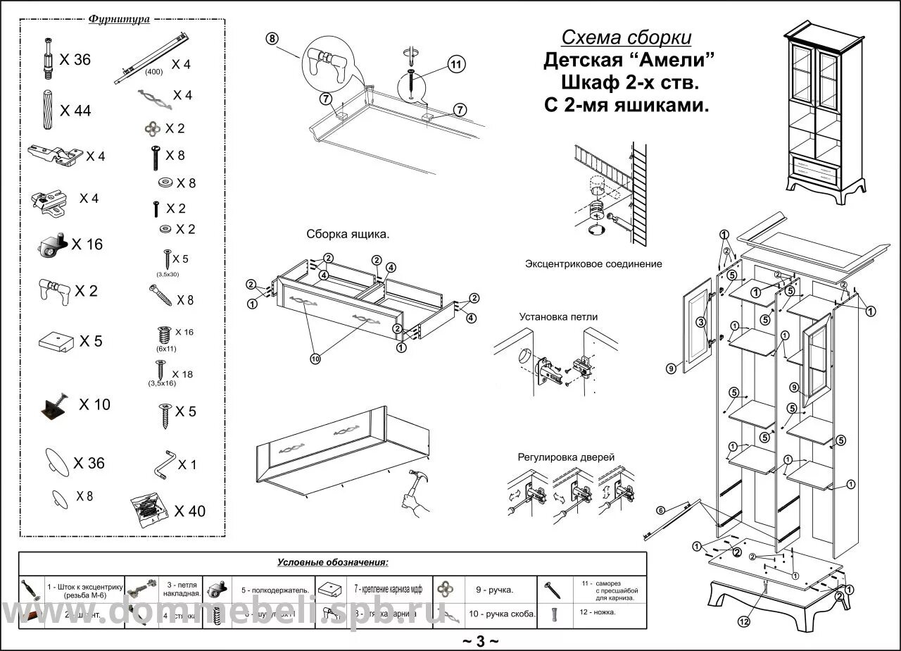 Подробная инструкция сборки Шкаф Амели (Ярцево) с ящиками и витражами - купить в интернет-магазине "Мебель н