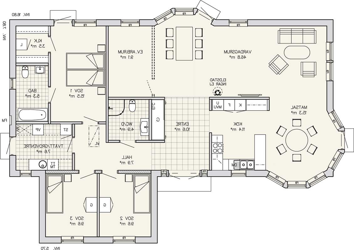 Подробная схема дома Entréplan 156 m2 spegelvänd Våningsritningar, Husritning, Husritningar