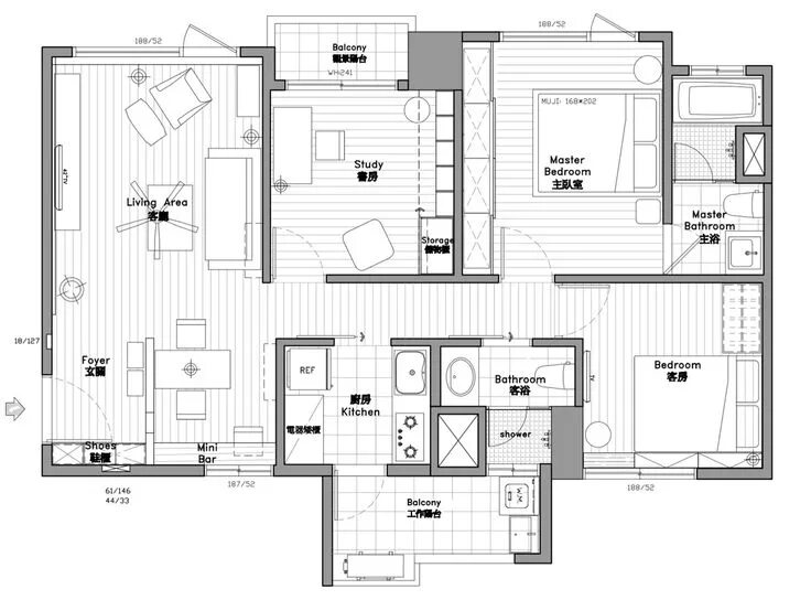 Подробная схема дома 2-Bedroom Modern Apartment Design Under 100 Square Meters: 2 Great Examples Mode