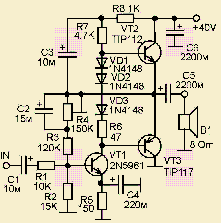 Подробная схема усилителя Asymmetrical amplifier with single source? Including a capacitor in the speaker 