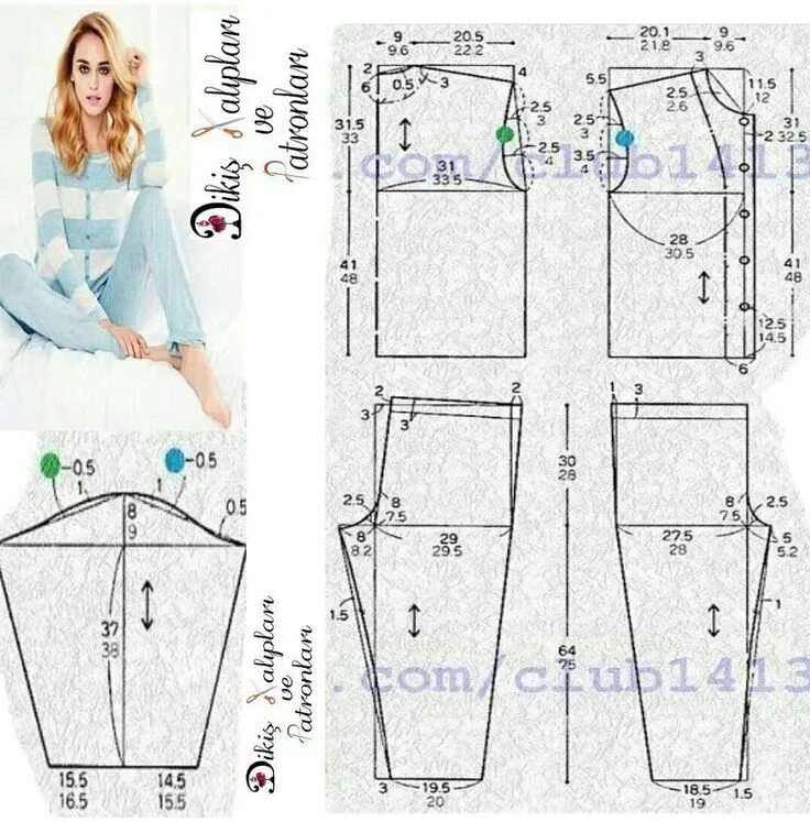Подробная выкройка пижамы с длинными рукавами Выкройки, шитье, моделирование одежды Платье швейные шаблоны, Узоры для одежды, 