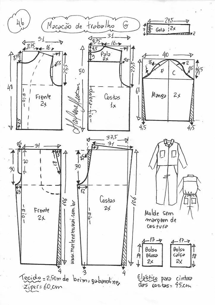 Подробная выкройка пижамы с длинными рукавами Macacão de trabalho - Marlene Mukai Mens sewing patterns, Jumpsuit pattern sewin