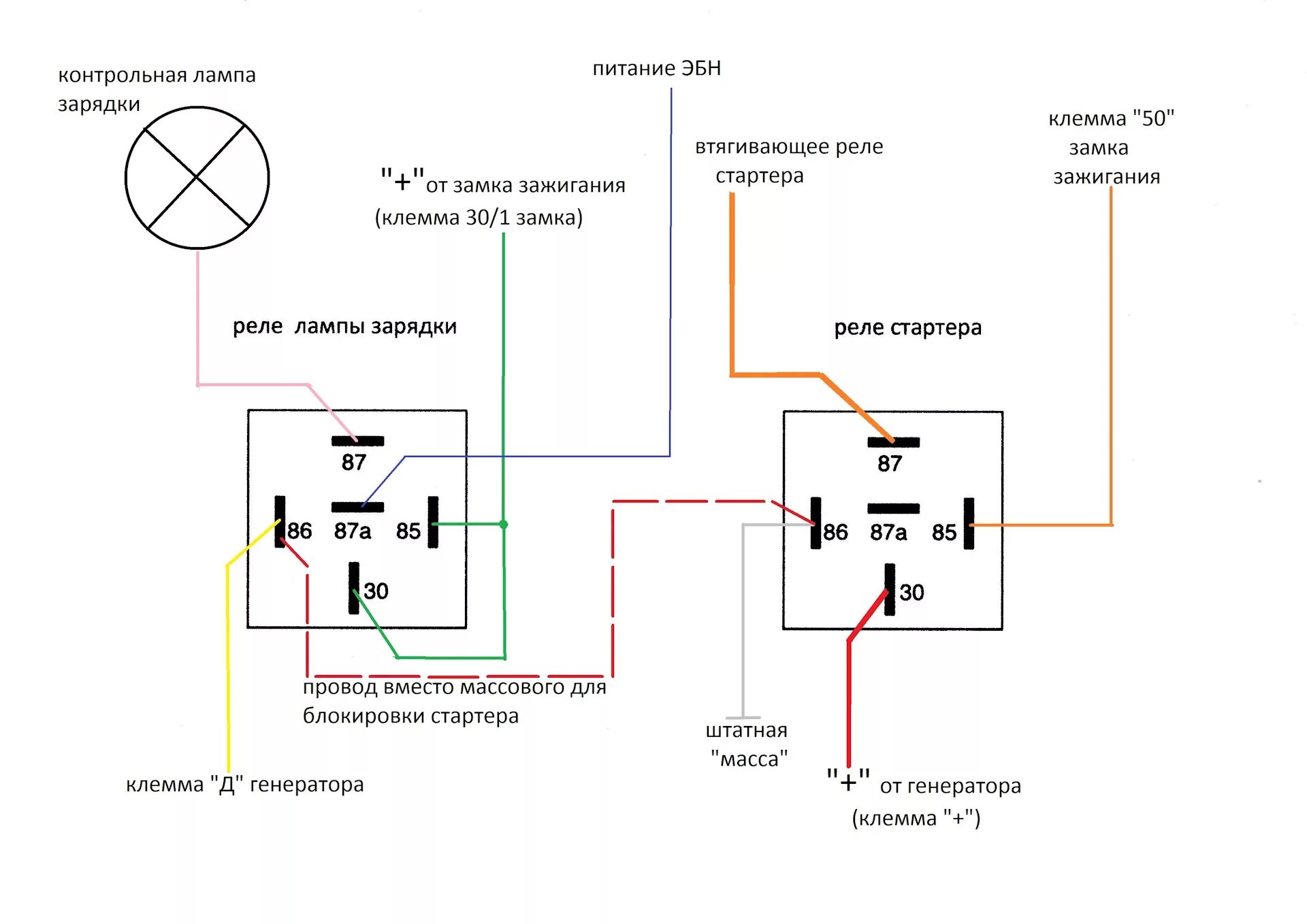 Подсоединение кнопки стартера через реле схема подключения Реле контроля заряда и блокировка стартера с минимальными переделками - ЗАЗ 1102