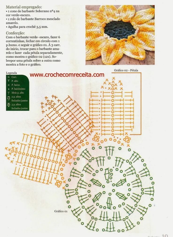 Подсолнух крючком схема и описание Tapete em crochê modelo girassol Hojas de ganchillo, Girasol de ganchillo, Posav