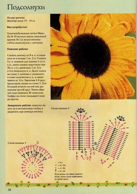 Подсолнухи крючком со схемами Иллюстрация 25 из 32 для Вязаные цветы и плоды: Цветные схемы. Техника вязания -