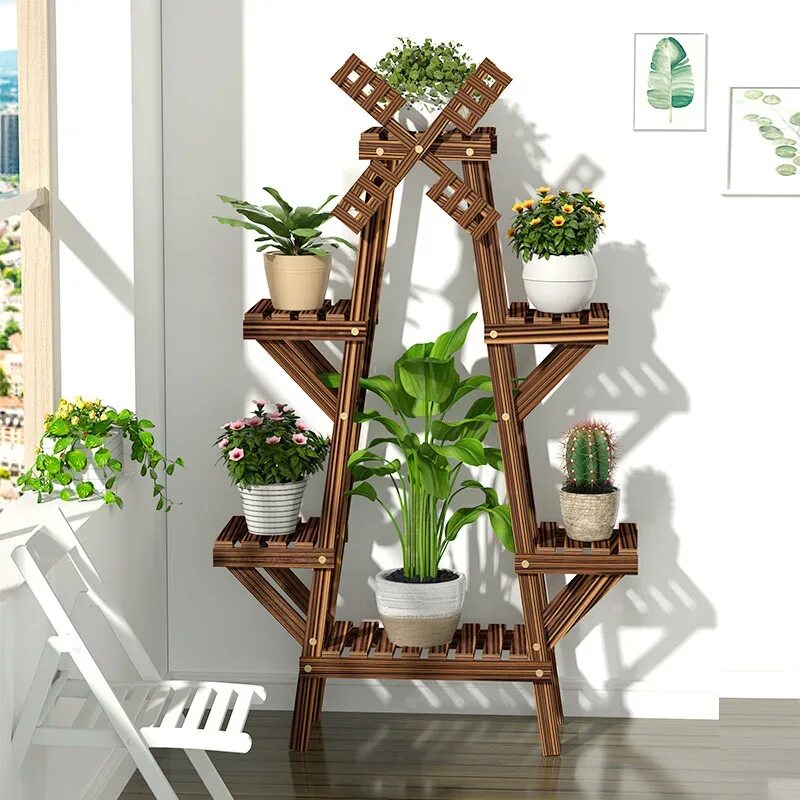 Подставка для цветов из дерева напольная фото Vintage Wood Plant Stand Balcony Flower Pot Ladder Shelf Outdoor Garden Stand Pl