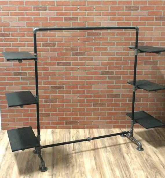 Подставки для труб фото Clothing Rack Industrial Pipe Clothing Rack With Wood Shelving Black Pipe Garmen