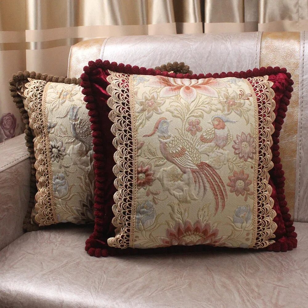 Подушки декоративные на диван своими руками фото CURCYA Lotus Flowers Birds Jacquard Luxury Pillow Case with Lace Vintage Home De