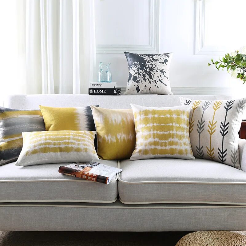 Подушки в интерьере гостиной фото Abstract Grey Yellow Pillow Cover Geometric Cushion Cover Decorative Throw Pillo