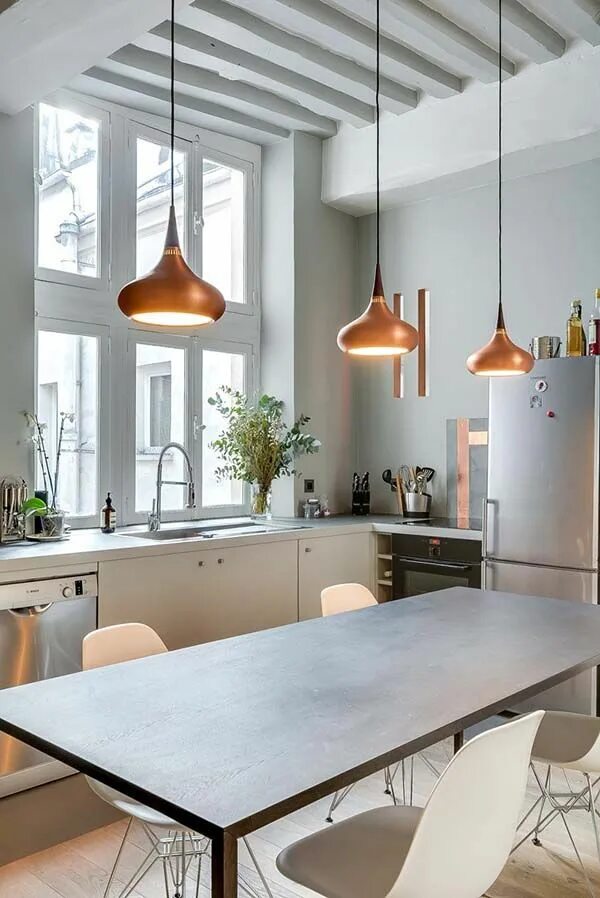 Подвесной светильник в интерьере кухни Bright and airy interiors showcased in a Paris bachelor pad Apartment design, Pa