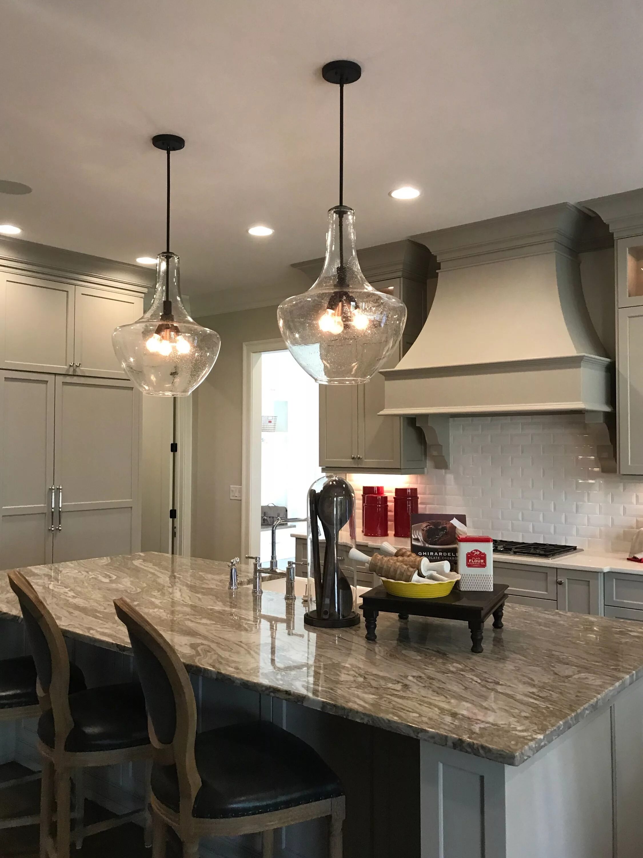 Подвесной светильник в интерьере кухни Two Large Kichler Everly Pendants Above Kitchen Island Kitchen island lighting p