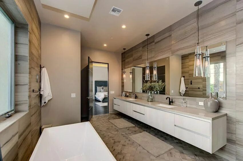 Подвесной светильник в ванную в интерьере Contemporary master bathroom with retro cone shaped pendant lights #bathroomshap