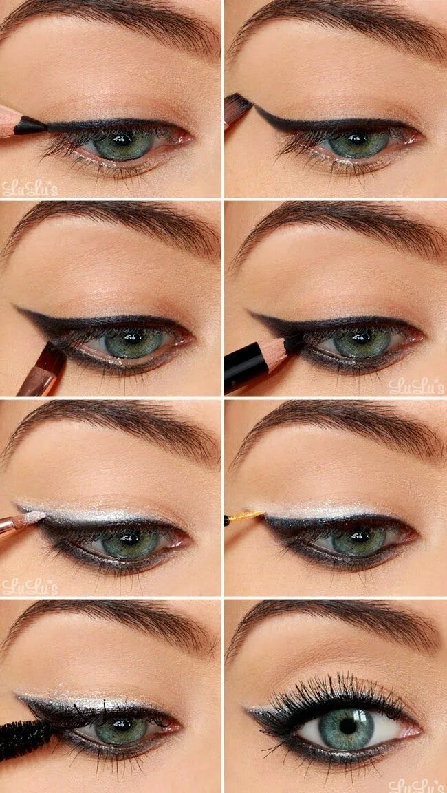 Подводка глаз пошагово фото Black and Silver Eyeliner Tutorial Eye makeup, Eye makeup tutorial, Trendy makeu