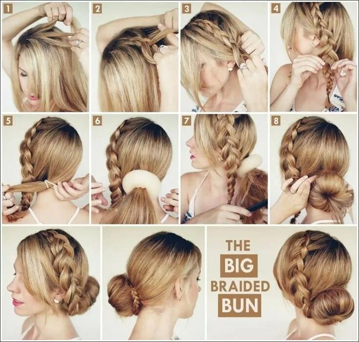 Поэтапно сделать прическу на средние волосы The easy to do Big Braided Bun. Braided bun, Womens hairstyles, Hair styles