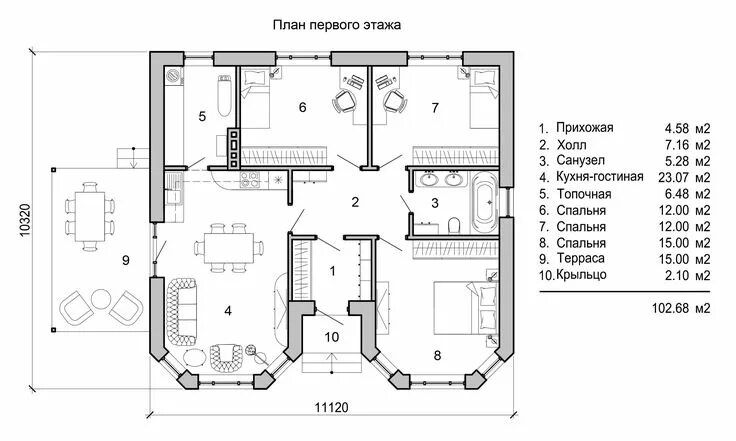 Поэтажные планировки домов План уютного дома в один этаж площадью 100м2 вариант 1 House design, Floor plans