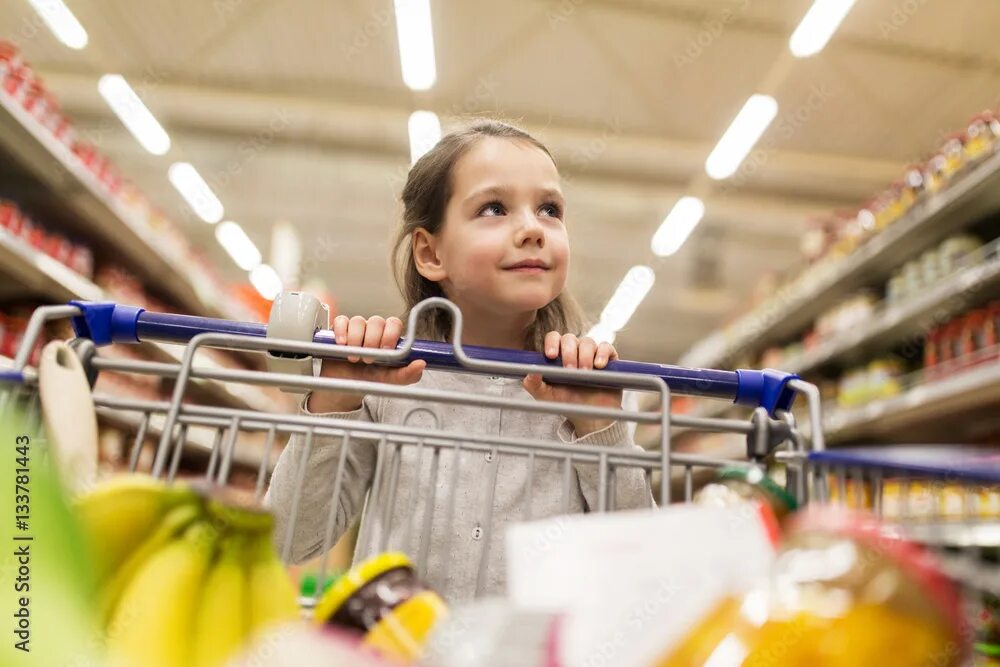 Поход в магазин фото girl with food in shopping cart at grocery store Фотографія Stock Adobe Stock