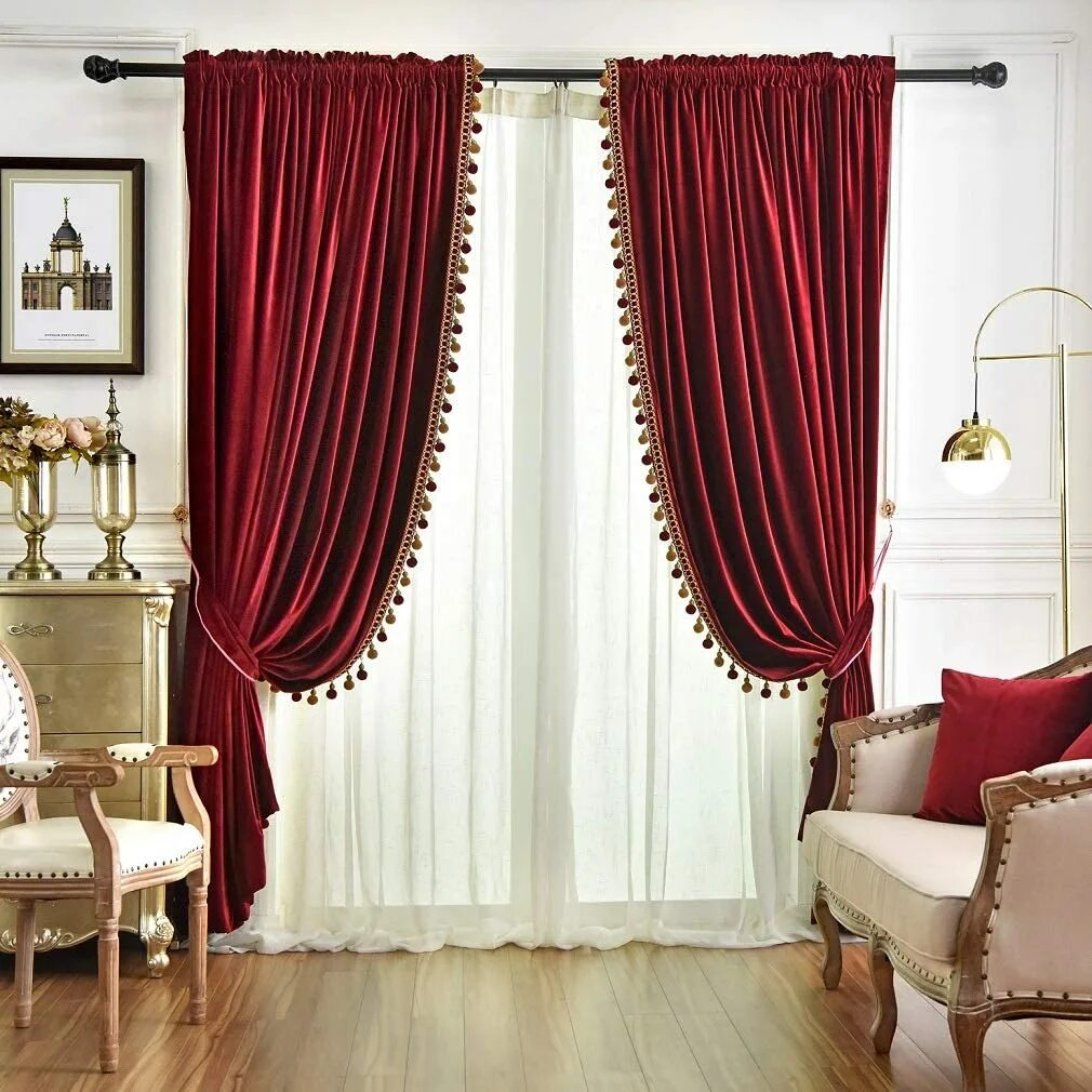 Показать фото штор Amazon Live - Velvet Burgundy Pompoms Curtain Panels