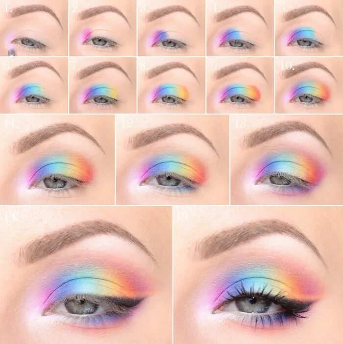 Показать как делают красивый макияж Regenbogen schminken schritt für schritt anleitung tutorial make up ideen blaue 