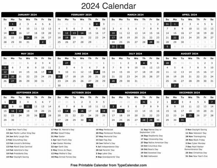 Показать календарь на 2024 год Monthly Calendars (2024) - Free Printable Calendar