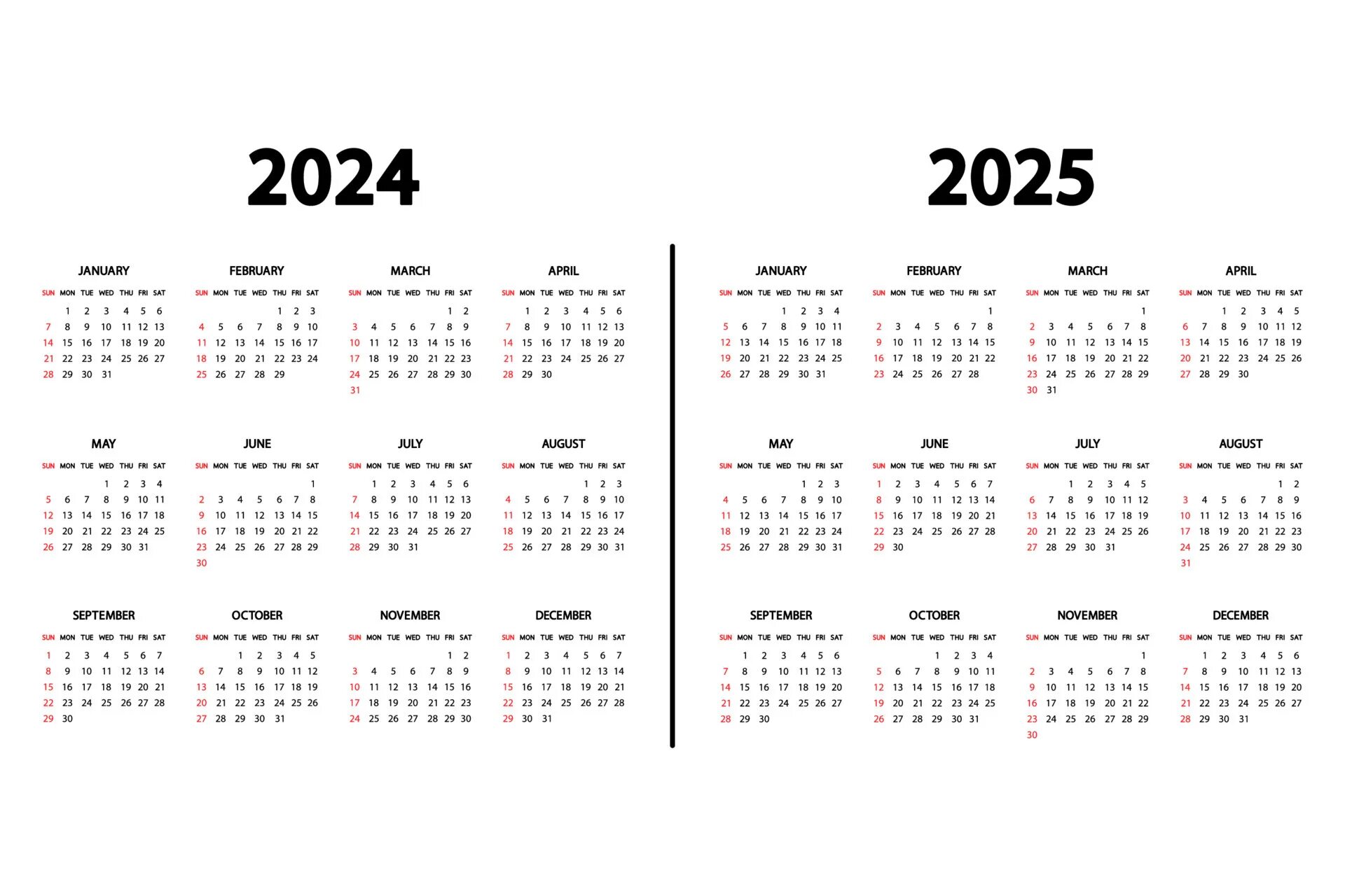 Показать календарь на 2025 год Calendar English 2024 and 2025 years. The week starts Sunday. Annual calendar 20