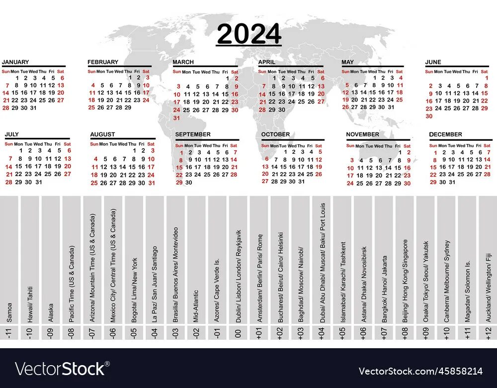 Показать календарь на 2025 год с праздниками 2024 calendar with world map and time zones Vector Image