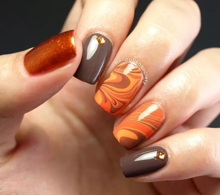 Показать красивый осенний маникюр 31DC2014 Day 02: Orange Autumn Water Marble Thanksgiving nail art, Thanksgiving 