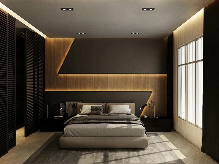 Покажи дизайн спальни Black with Wooden Luxury Apartment Camera da letto interior design, Camera da le