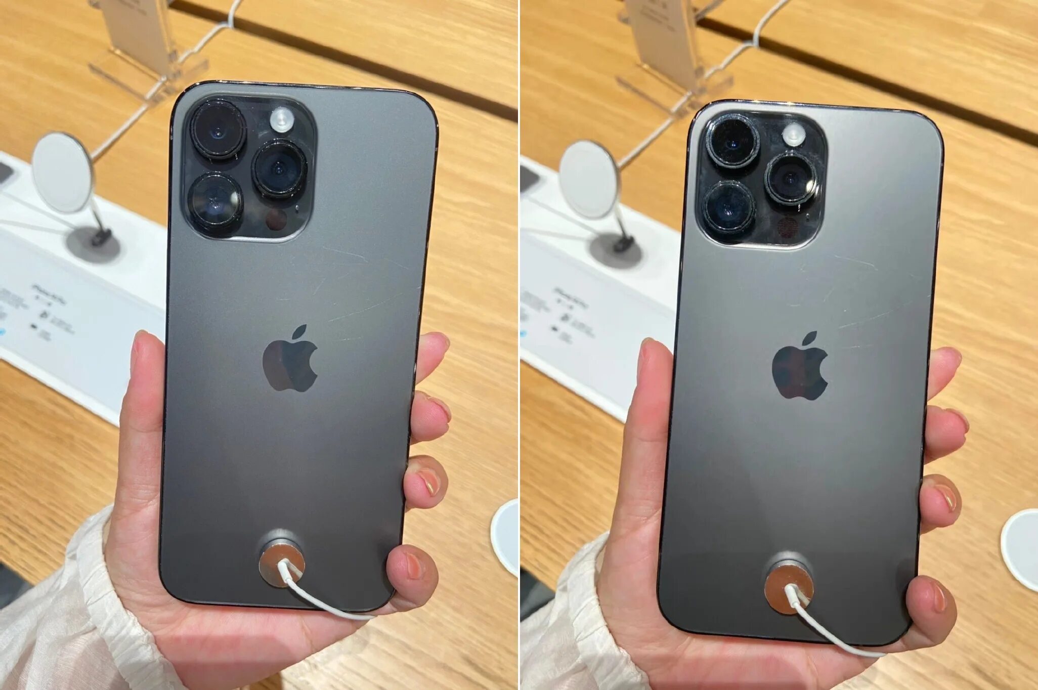 Покажи фото айфона iPhone 14 Pro и 14 Pro Max быстро теряют товарный вид. На выставочных смартфонах