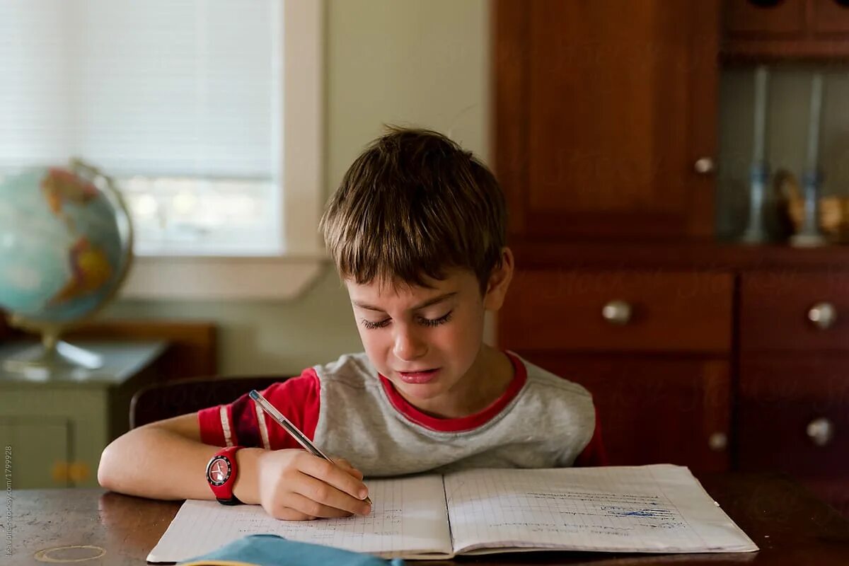 Покажи фото домашняя работа Little Boy Crying While Doing His Homework by Léa Jones