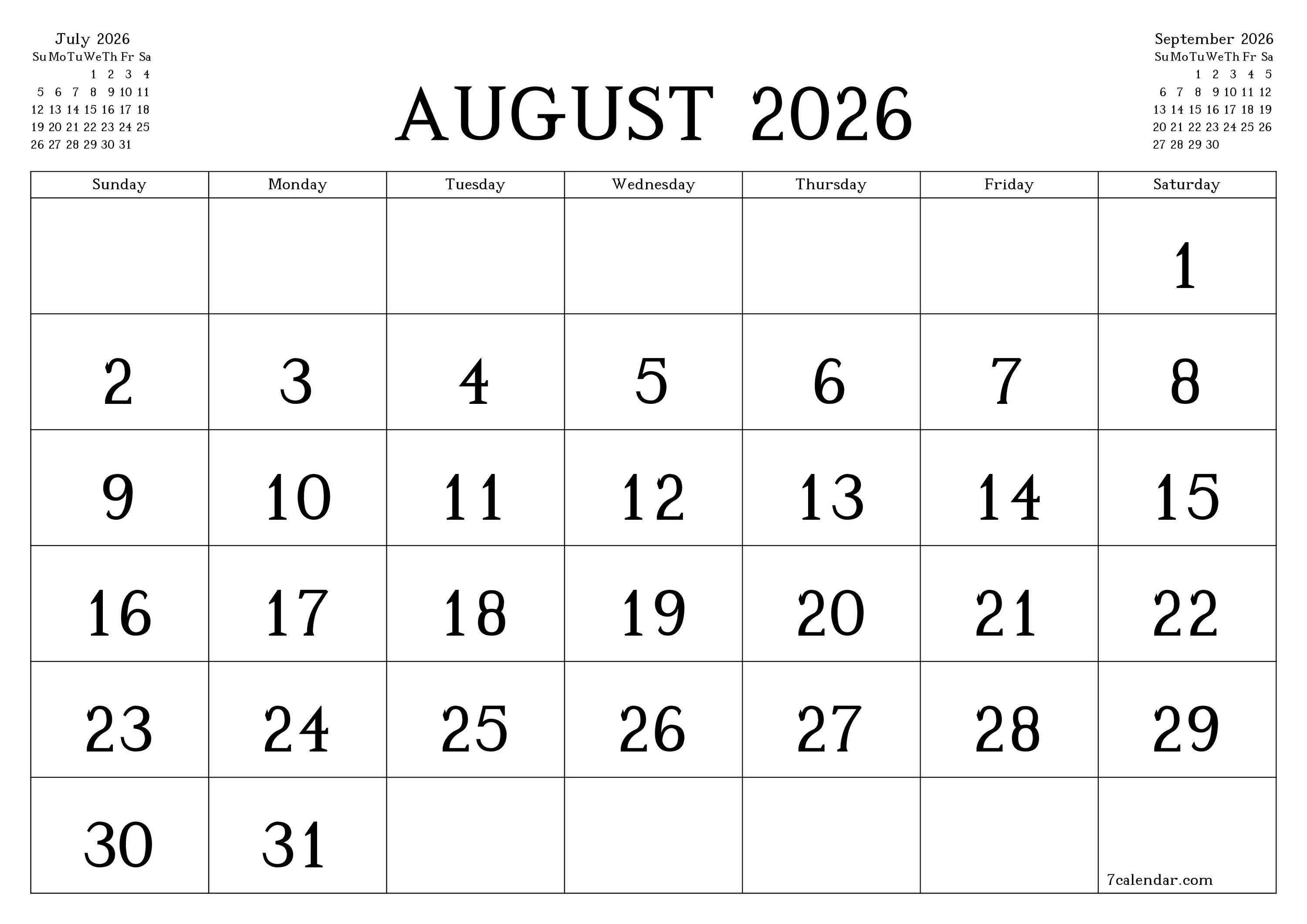 Покажи календарь на 25 год August calendar 2026 monthly template - 7calendar