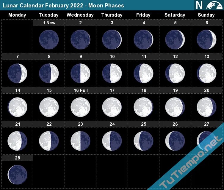 Покажи лунный календарь Lunar Calendar February 2022 - Moon Phases