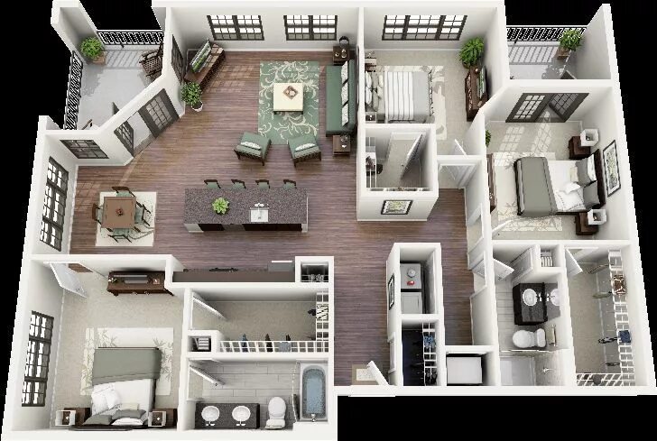 Покажи планировку дома 3D Floor Plans - Three Bedroom - Interior Decor For You House plans, Floor plans