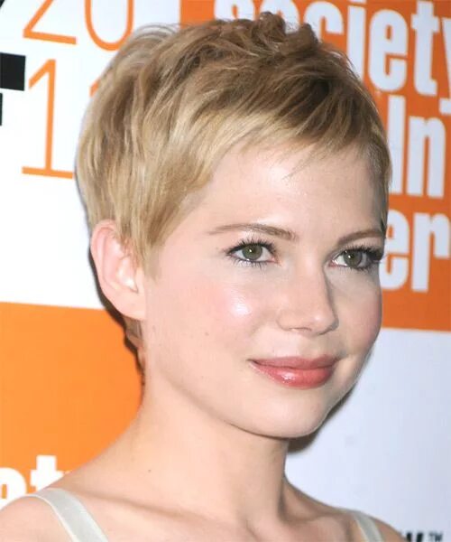 Покажи прически под мальчика но для девочки Michelle Williams Layered Champagne Blonde Pixie Haircut with Light Blonde Highl