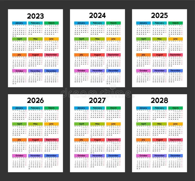 Покажи производственный календарь на 2025 Calendar 2023, 2024, 2025, 2026, 2027, 2028, Week Starts on Monday, Basic Templa