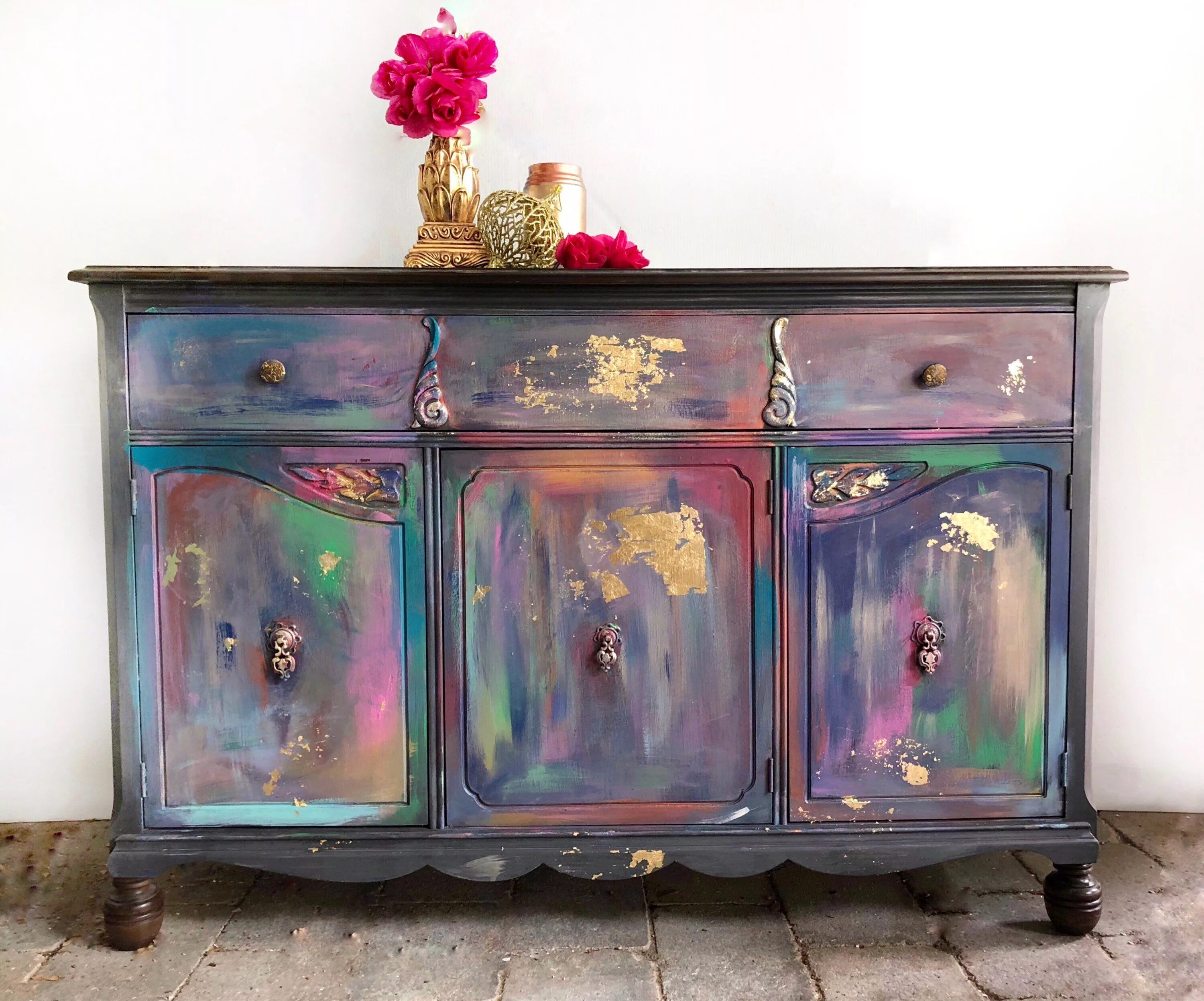 Покрашенная мебель своими руками фото Navy handpainted floral Sideboard in 2019 Rustic furniture, Painted furniture, P