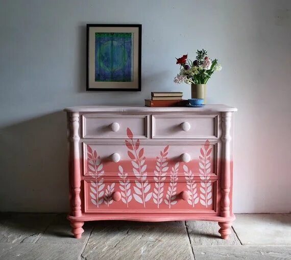 Покрашенная мебель своими руками фото Vintage hand painted pink ombre botanical drawers storage in 2020 Annie sloan pa