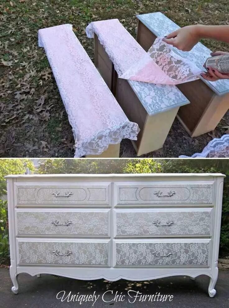 Покрашенная мебель своими руками фото Detalle en encaje Lace painted furniture, Shabby chic diy, Furniture makeover