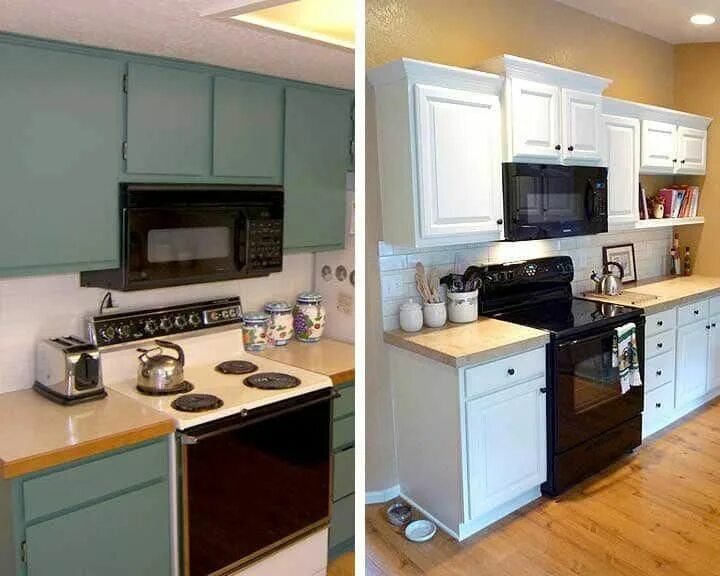 Покрасить кухонный гарнитур фото before and after photos of a kitchen remodel #mobilehomekitchenremodel Inexpensi